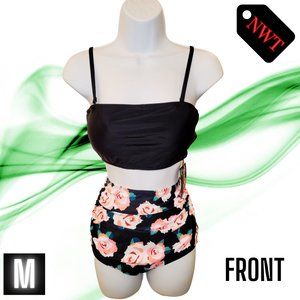 Medium Black Two-Piece Bikini Swimsuit with Floral Briefs| Full Coverage Bottom